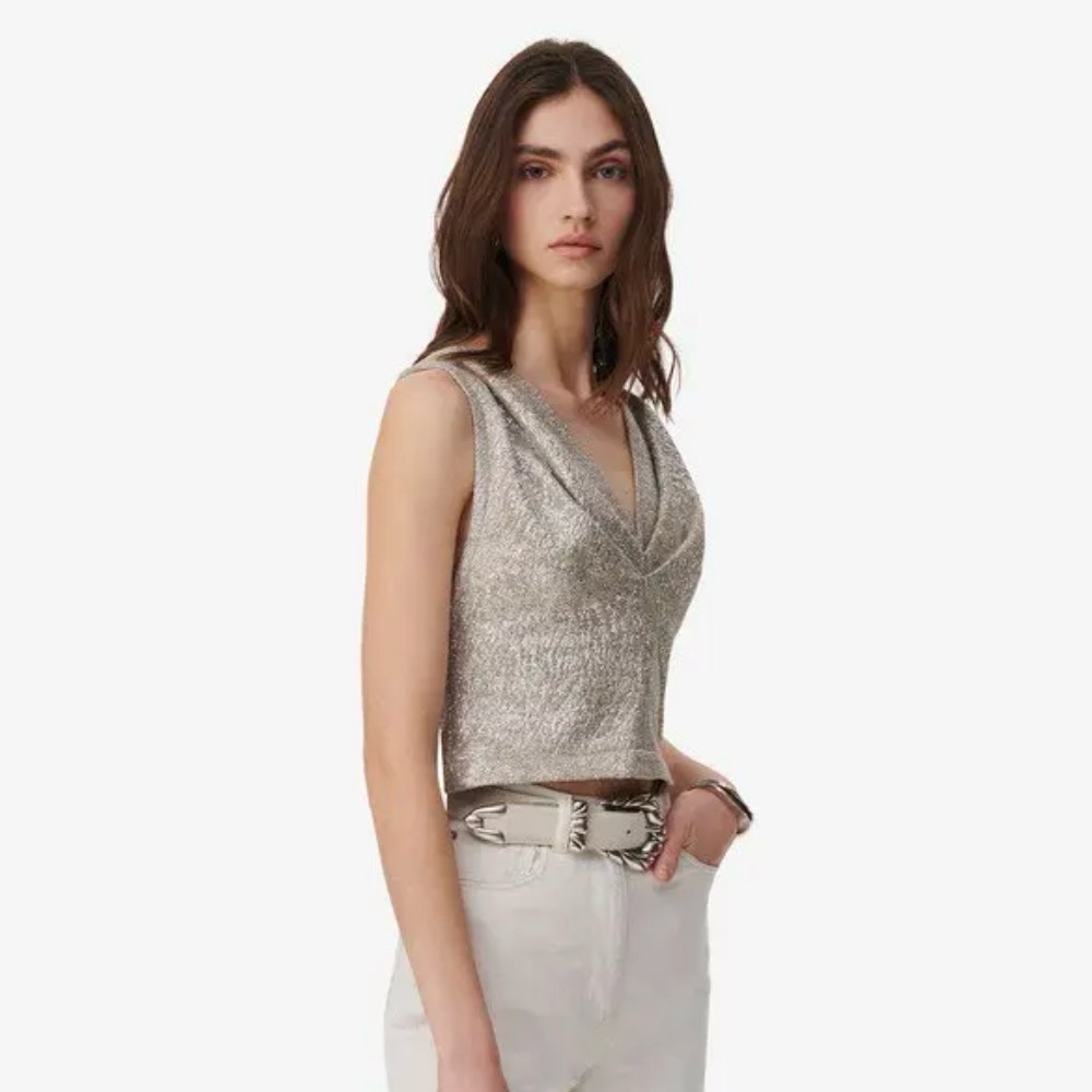 IRO Samira Silver Sleeveless Plunge Neckline Top Size EU 34 or US 4